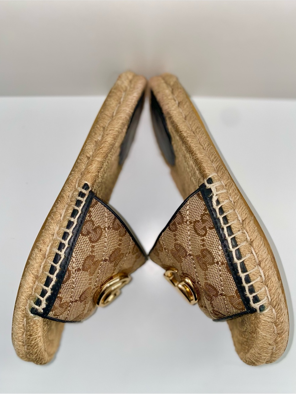Authentic Gucci Beige Monogram Slide Espadrille with Gold GG - Picture 3 of 15